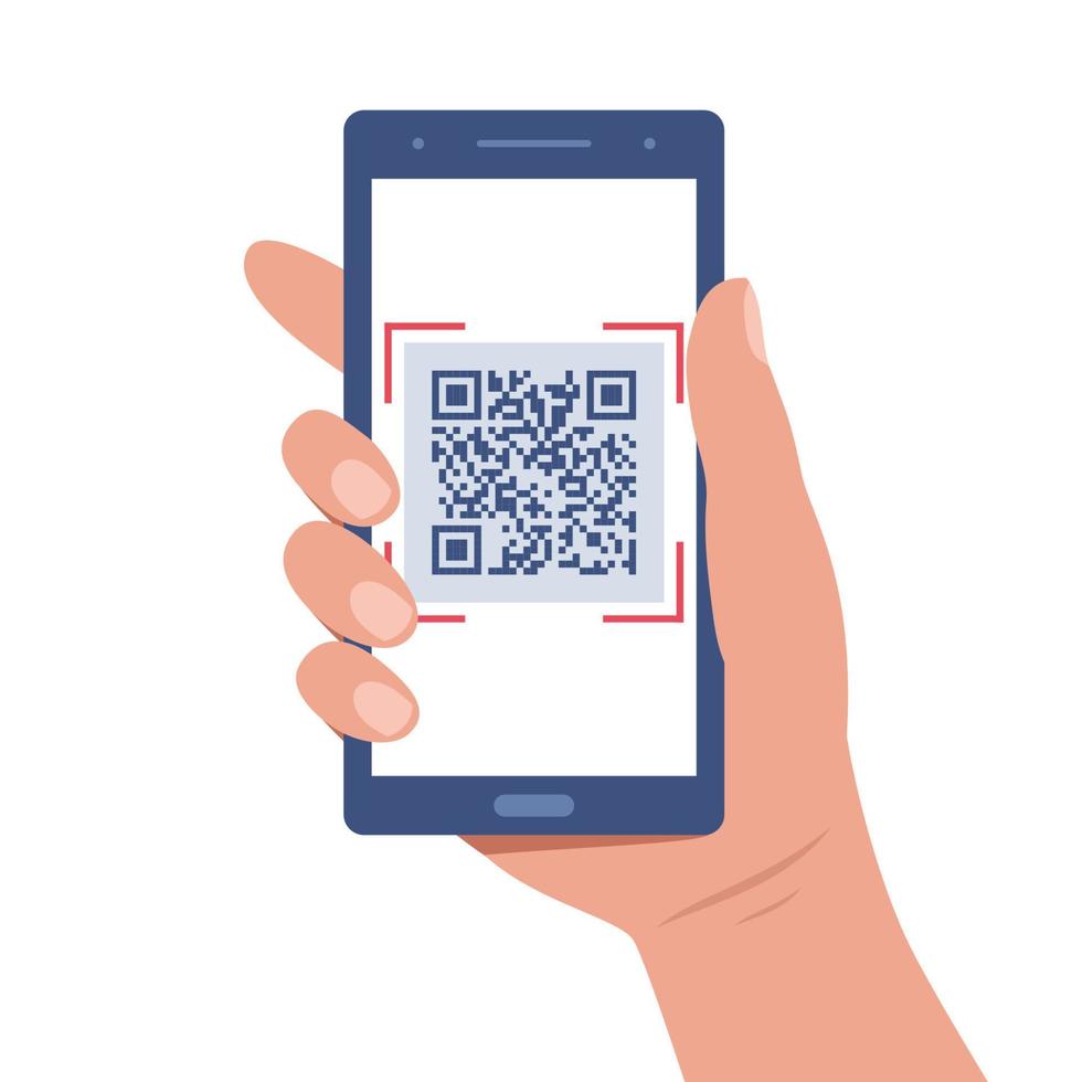 mano detiene un' smartphone con un' qr codice su il schermo. qr codice lettura o catturare mobile Telefono. icona riconoscimento o lettura qr codice. vettore illustrazione nel piatto stile.