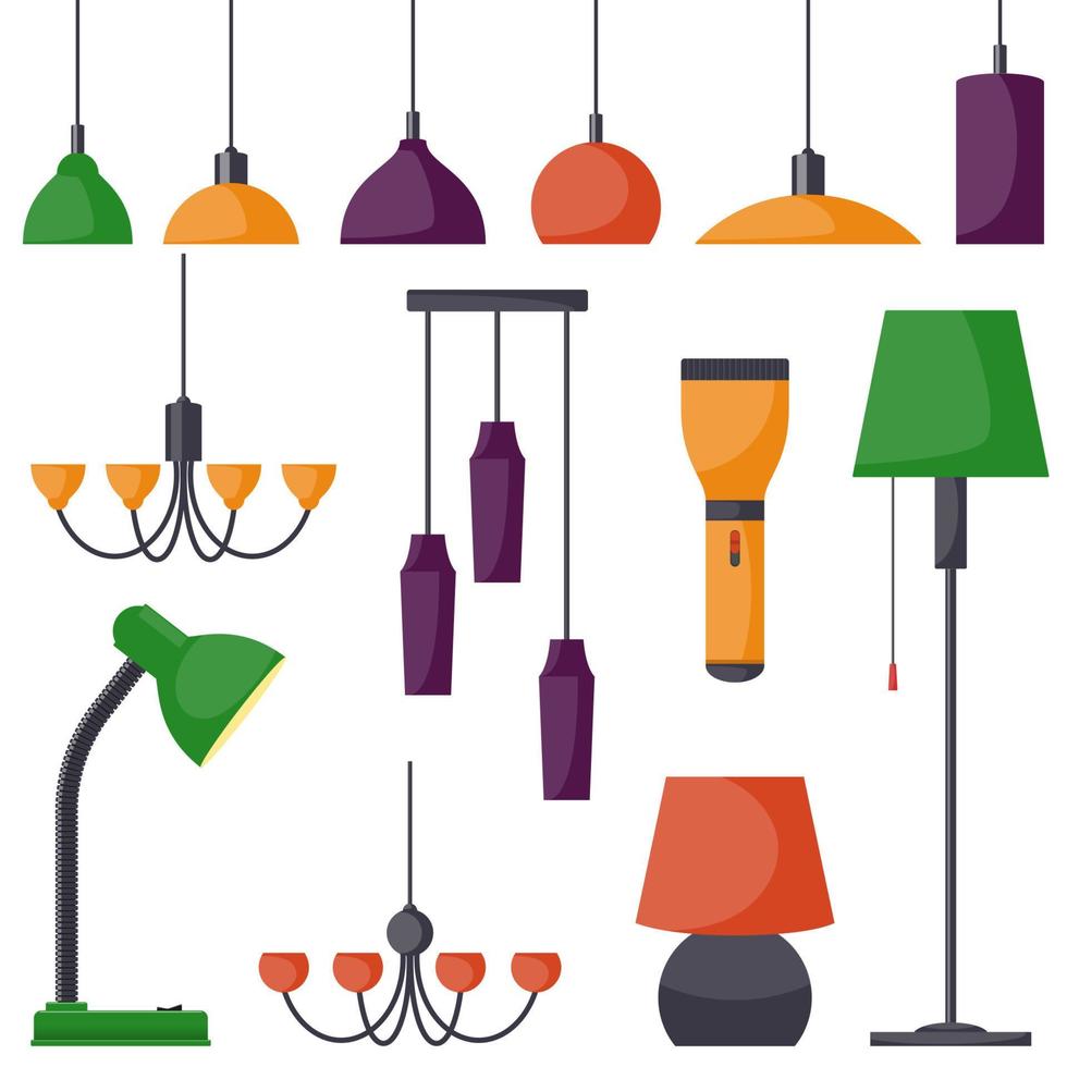 lampade di diverso tipi, impostare. lampadari, lampade, lampadine, tavolo lampada, torcia elettrica, pavimento lampada - elementi di moderno interno. vettore illustrazione nel piatto stile.