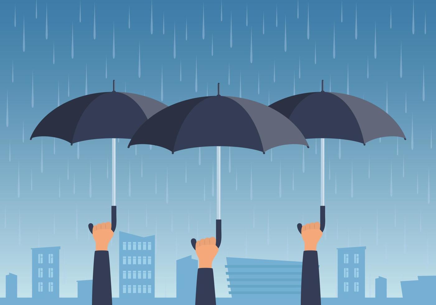 persone hold ombrelli al di sopra di il città nel il pioggia. mani Tenere Aperto gli ombrelli. concetto vettore illustrazione.