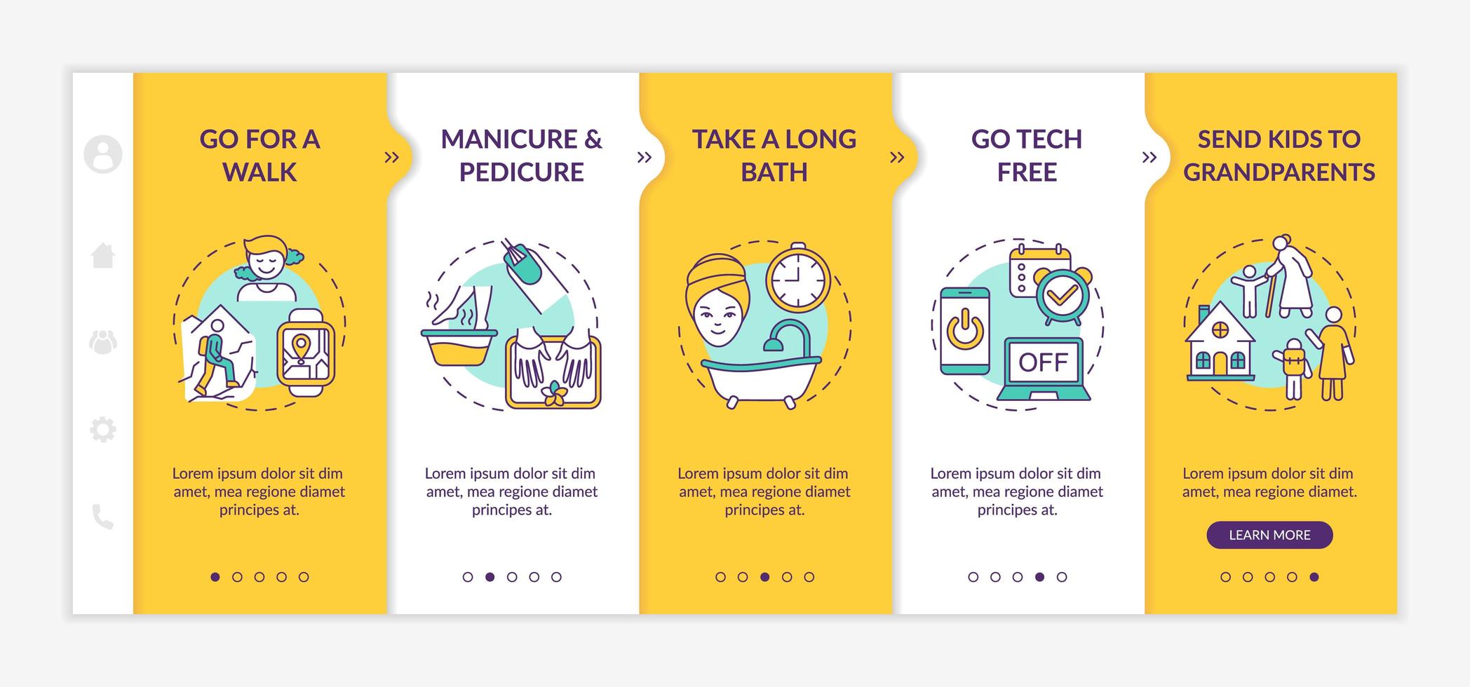 me time ideas onboarding template vettore