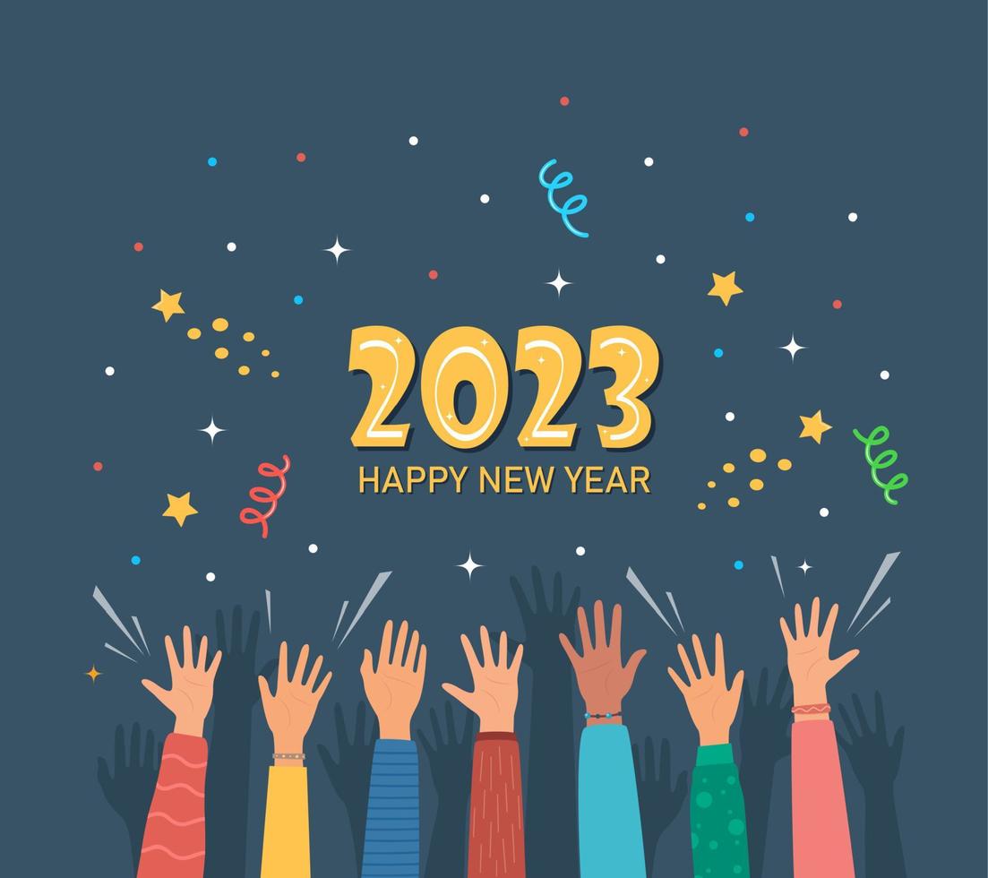 sollevato mani di contento persone festeggiare nuovo anno 2023. folla di persone a festa. persone celebrare. petardi, coriandoli, fuochi d'artificio, carnevale. nuovo anno saluto carta. vettore illustrazione.