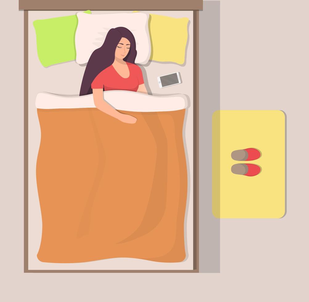 donna addormentato nel sua letto, superiore Visualizza. ragazza dorme pacificamente con smartphone vicino sua testa. pantofole su il stuoia vicino il letto. vettore illustrazione nel piatto stile.