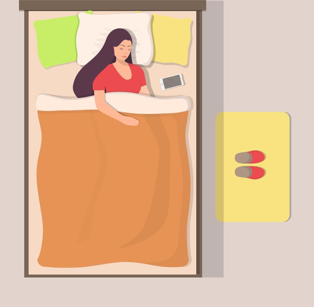 donna addormentato nel sua letto, superiore Visualizza. ragazza dorme pacificamente. vettore illustrazione nel piatto stile.