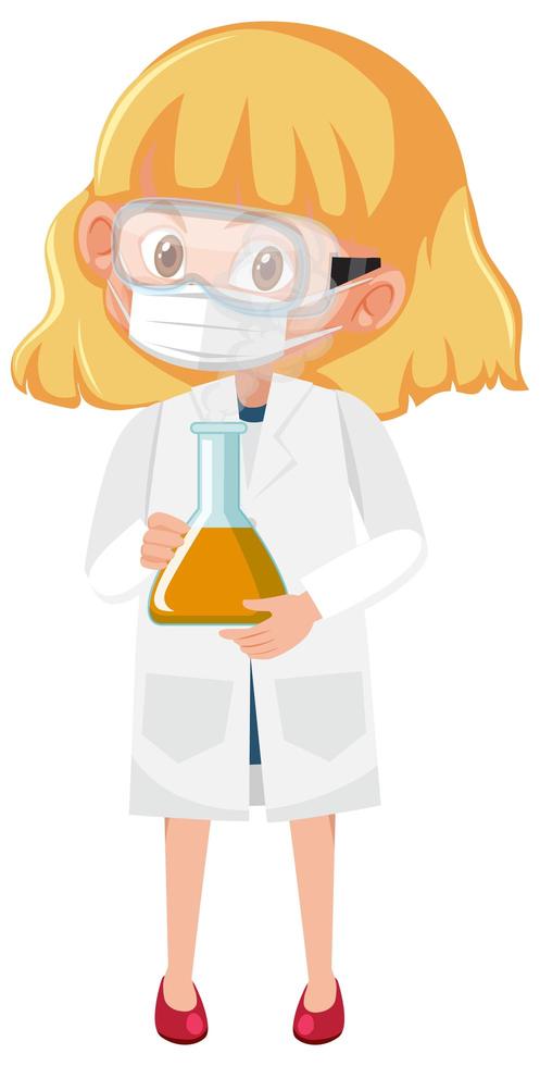 ragazza in costume da scienziato che tiene oggetti scientifici isolati su priorità bassa bianca vettore