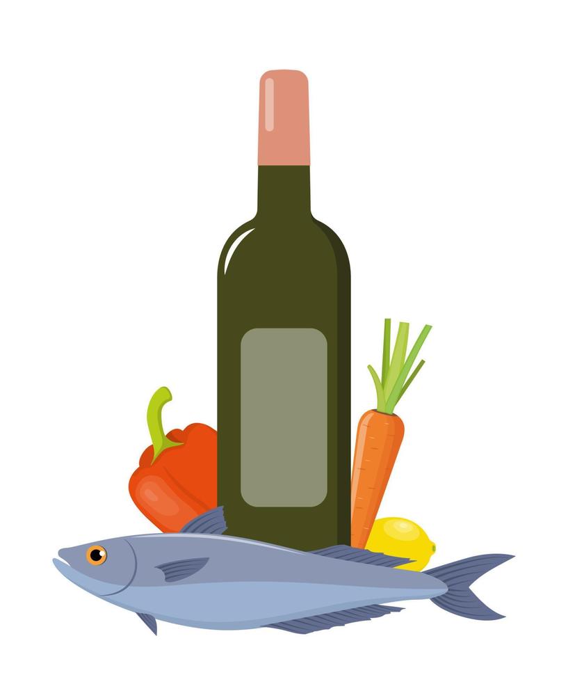 bianca vino e pesce con verdure. impostato di prodotti per cena. piatto stile vettore illustrazione.