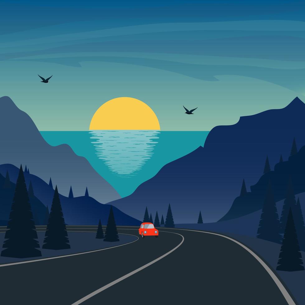 viaggio nel montagne. carino piccolo auto cavalcate su montagna strada. mare e tramonto o Alba su sfondo. vettore illustrazione.