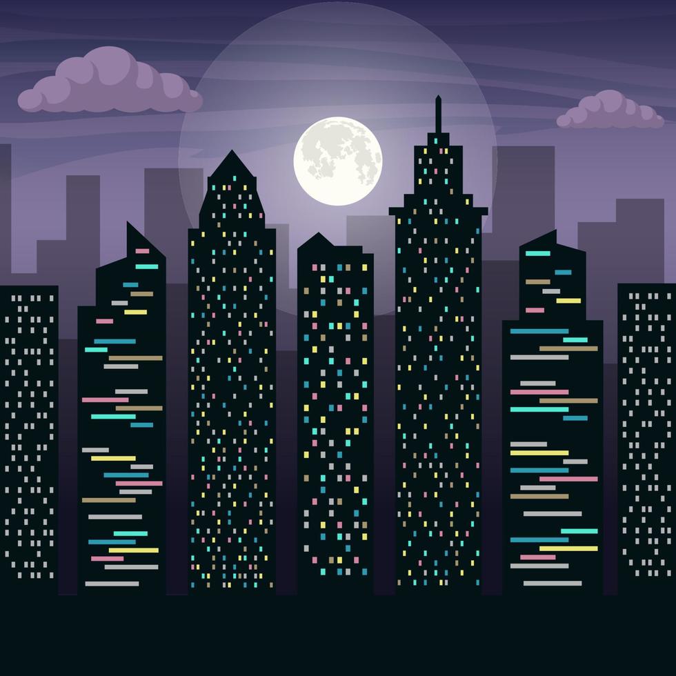 il grattacieli di il grande città nel chiaro di luna. notte città paesaggio. vettore piatto illustrazione.