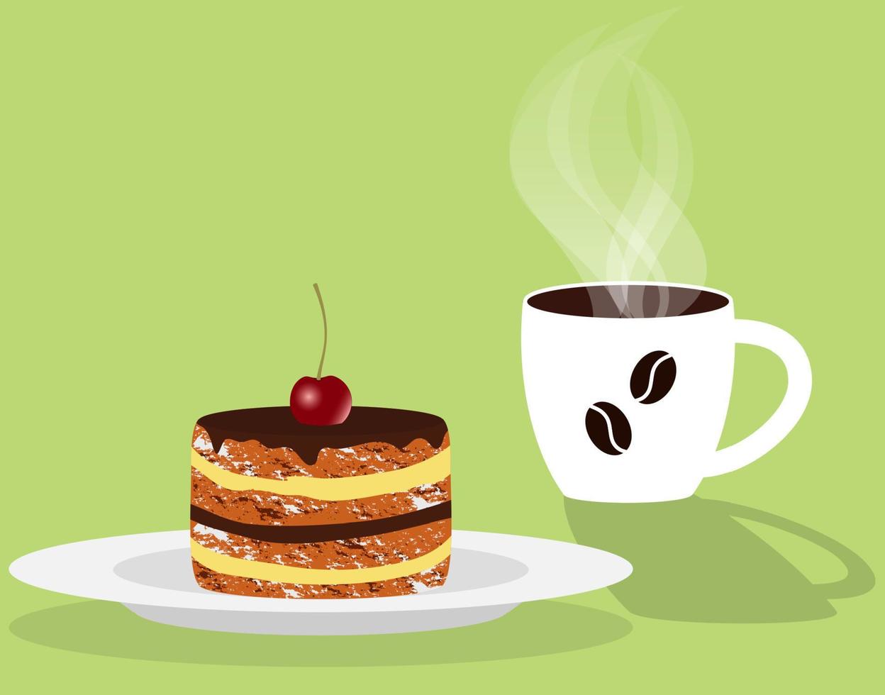 tazza di fragrante cottura a vapore caffè e torta con ciliegia su un' piattino. vettore illustrazione nel piatto stile.