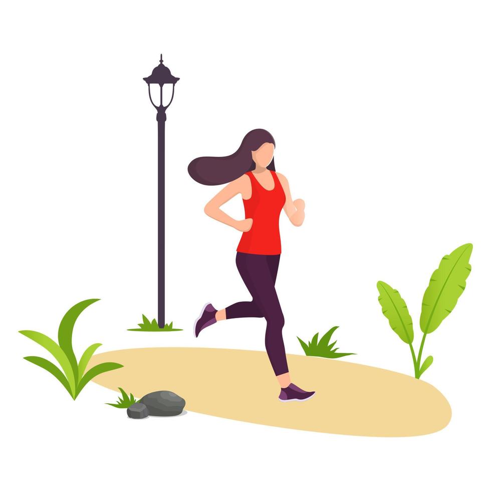 giovane bellissimo donna in esecuzione nel città parco. ragazza jogging. parco, impianti e strada lampada. vettore illustrazione nel moderno piatto stile per striscione, sito web o animazione.