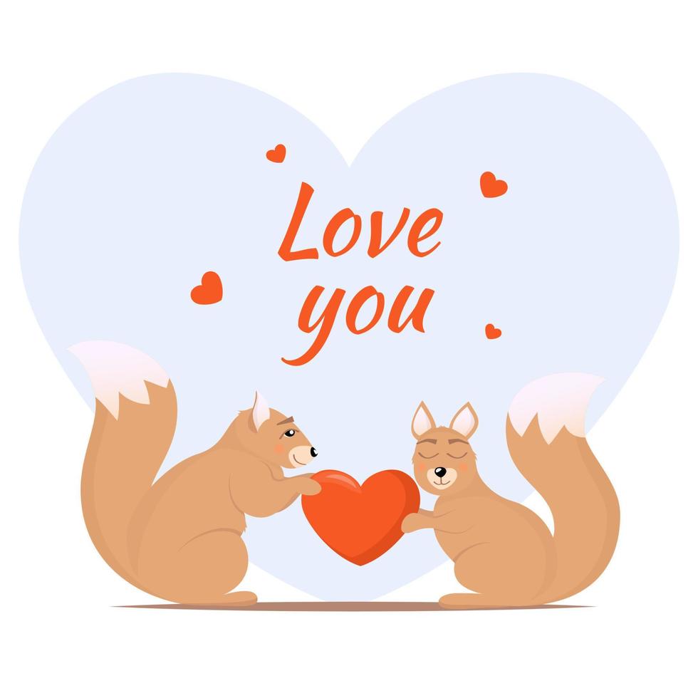 coppia di amorevole scoiattoli. uno scoiattolo dà un altro un' cuore. carino animali nel amore. amore tema carta disegno, vettore illustrazione.