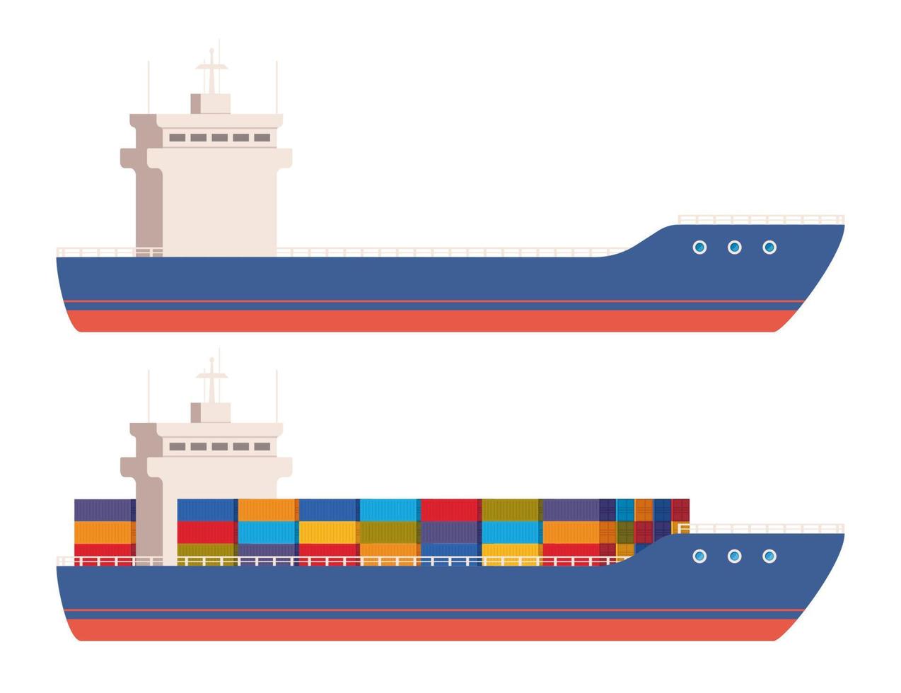 carico nave con contenitori e vuoto. consegna, trasporto, spedizione nolo trasporto. la logistica concetto vettore illustrazione.
