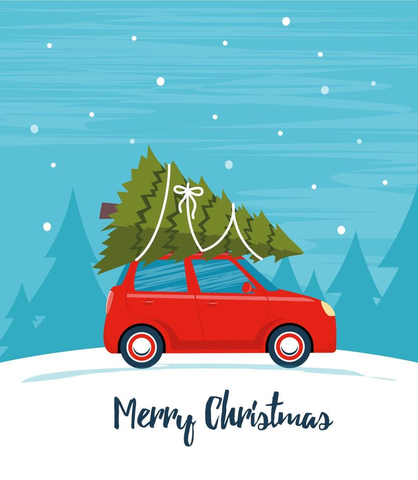 carino rosso retrò auto con Natale albero su il tetto. allegro Natale e contento nuovo anno saluto carta, cartolina, manifesto, striscione, invito design. allegro Natale. contento nuovo anno. vettore illustrazione.