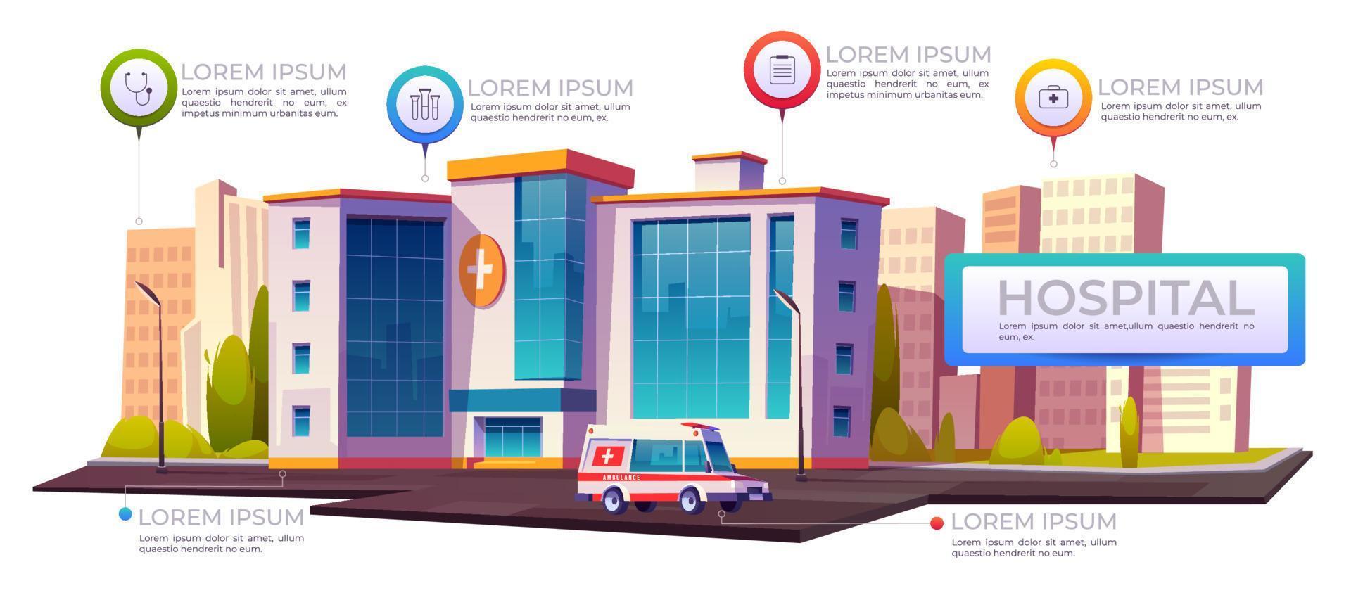 ospedale infografica, clinica edifici con auto vettore