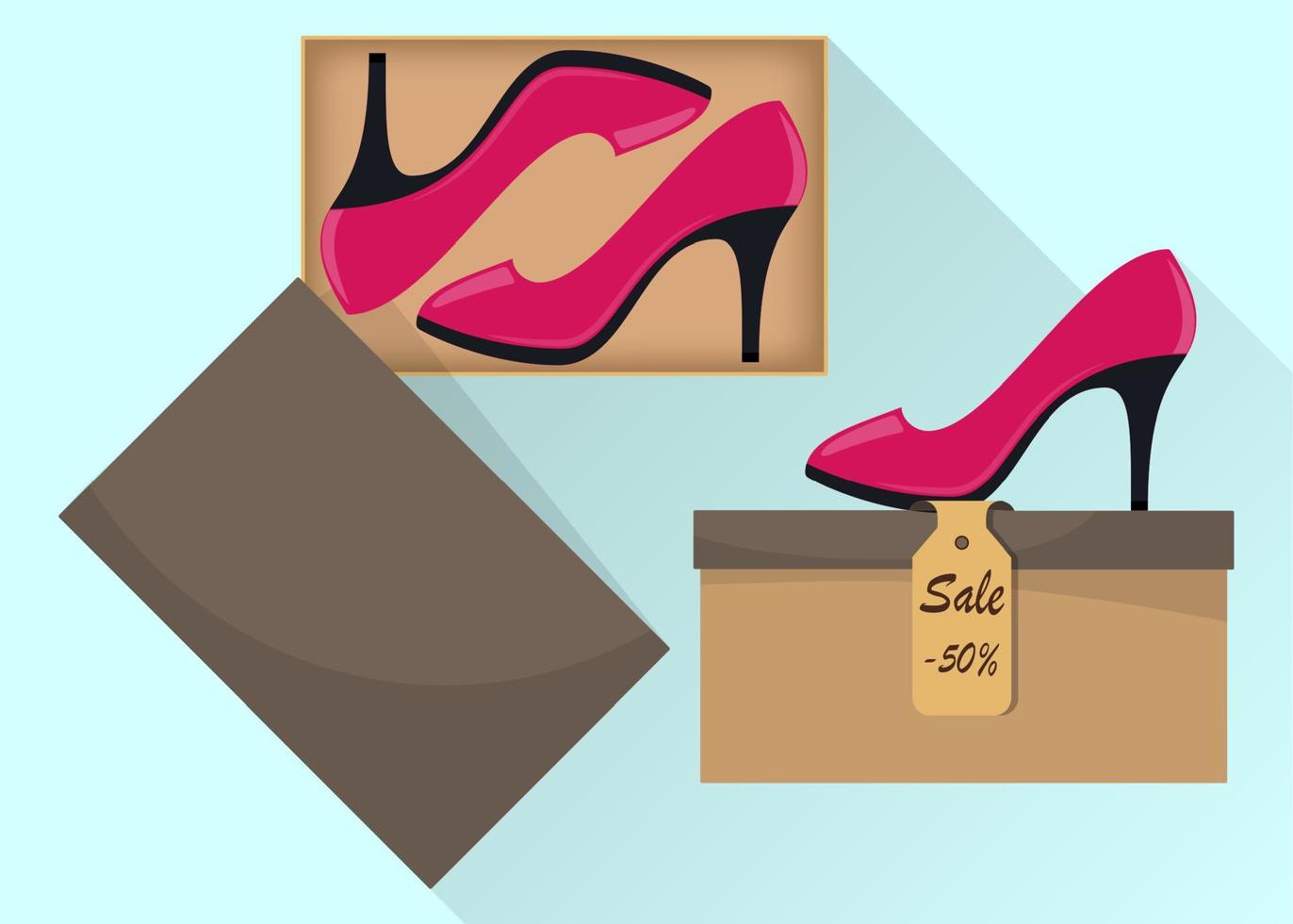 elegante moderno donna S alto tacco scarpe nel scatola, lato Visualizza. il prezzo etichetta con un' sconto di 50 per cento. illustrazione per un' scarpa negozio. vettore piatto illustrazione.