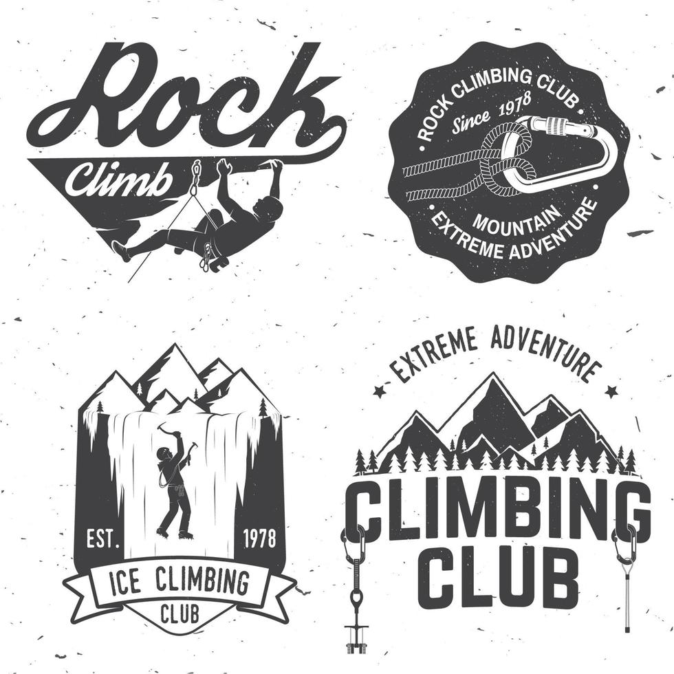 design tipografico vintage con scalatore, moschettone e montagne vettore