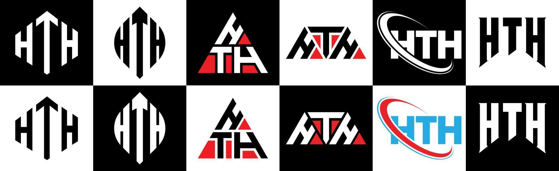 hth lettera logo design nel sei stile. hth poligono, cerchio, triangolo, esagono, piatto e semplice stile con nero e bianca colore variazione lettera logo impostato nel uno tavola da disegno. hth minimalista e classico logo vettore