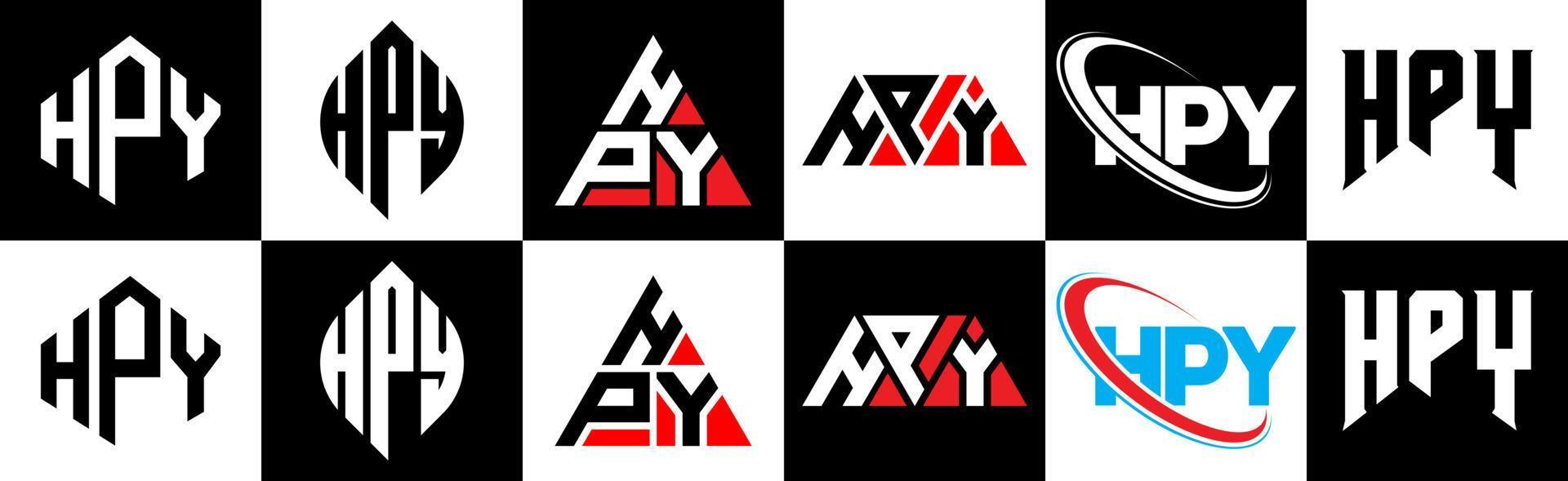 hpy lettera logo design nel sei stile. hpy poligono, cerchio, triangolo, esagono, piatto e semplice stile con nero e bianca colore variazione lettera logo impostato nel uno tavola da disegno. hpy minimalista e classico logo vettore