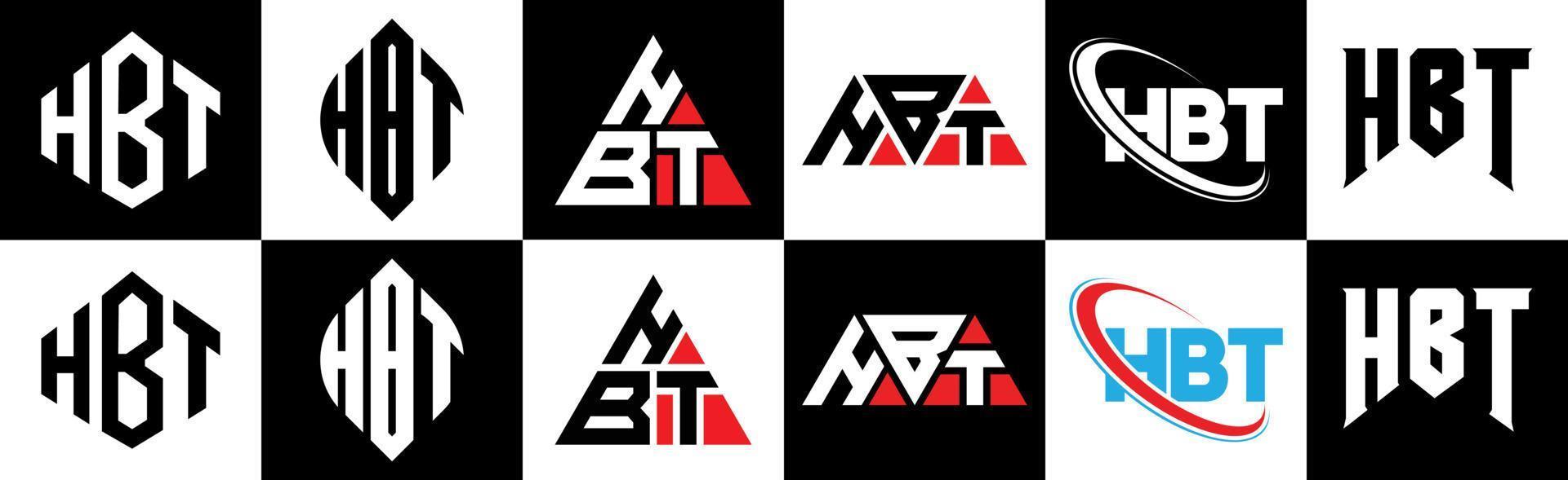 hbt lettera logo design nel sei stile. hbt poligono, cerchio, triangolo, esagono, piatto e semplice stile con nero e bianca colore variazione lettera logo impostato nel uno tavola da disegno. hbt minimalista e classico logo vettore