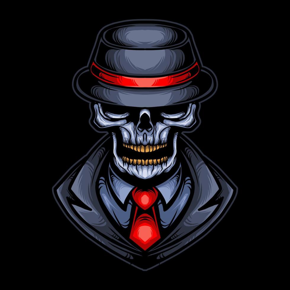 cranio mafia gangster testa vettore illustrazione design con cappello, mantello e cravatta