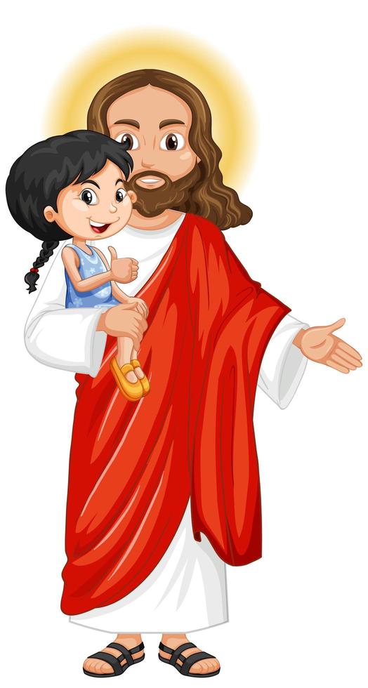 Gesù porta una ragazza carina con sentimento misericordioso vettore