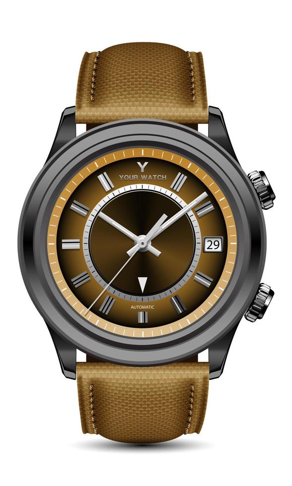 realistico orologio orologio nero acciaio grigio freccia giallo viso con tessuto cinghia su bianca design classico lusso per uomini vettore