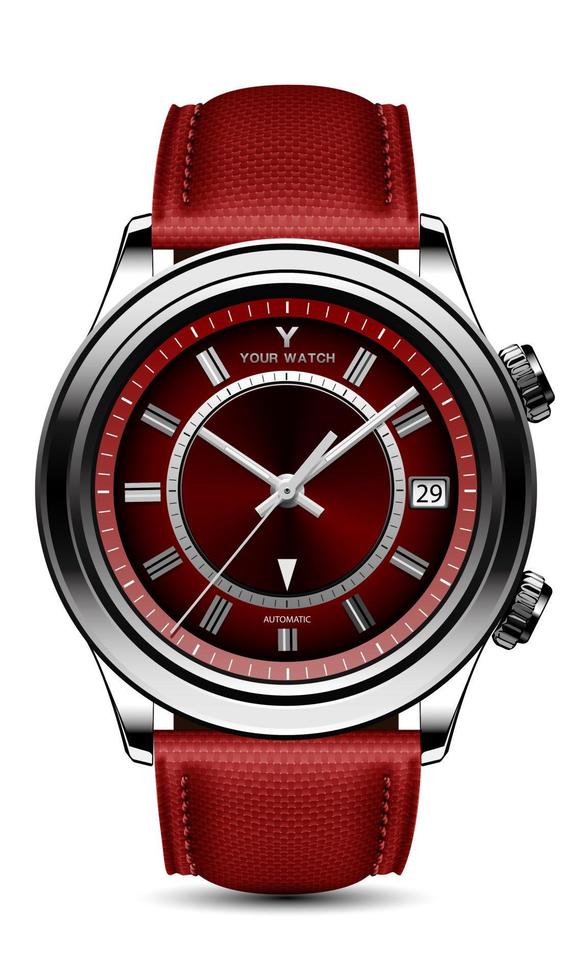 realistico orologio orologio nero acciaio grigio freccia rosso viso con tessuto cinghia su bianca design classico lusso per uomini vettore