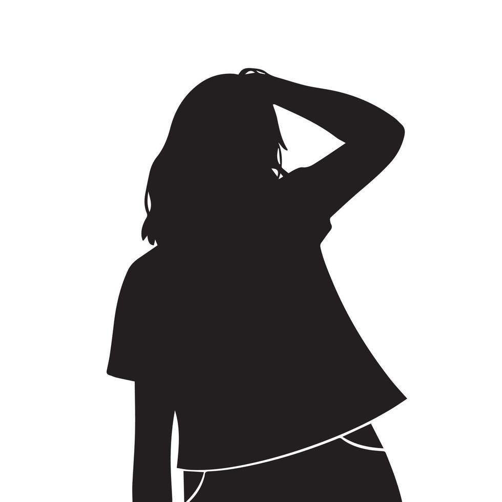 giovane adulto o adolescente ragazza con fiducioso autoscatto inviare con metà corpo disegno. vettore icona silhouette. donne con medio capelli e t camicia in posa per il telecamera. nero silhouette disegno isolato su bianca