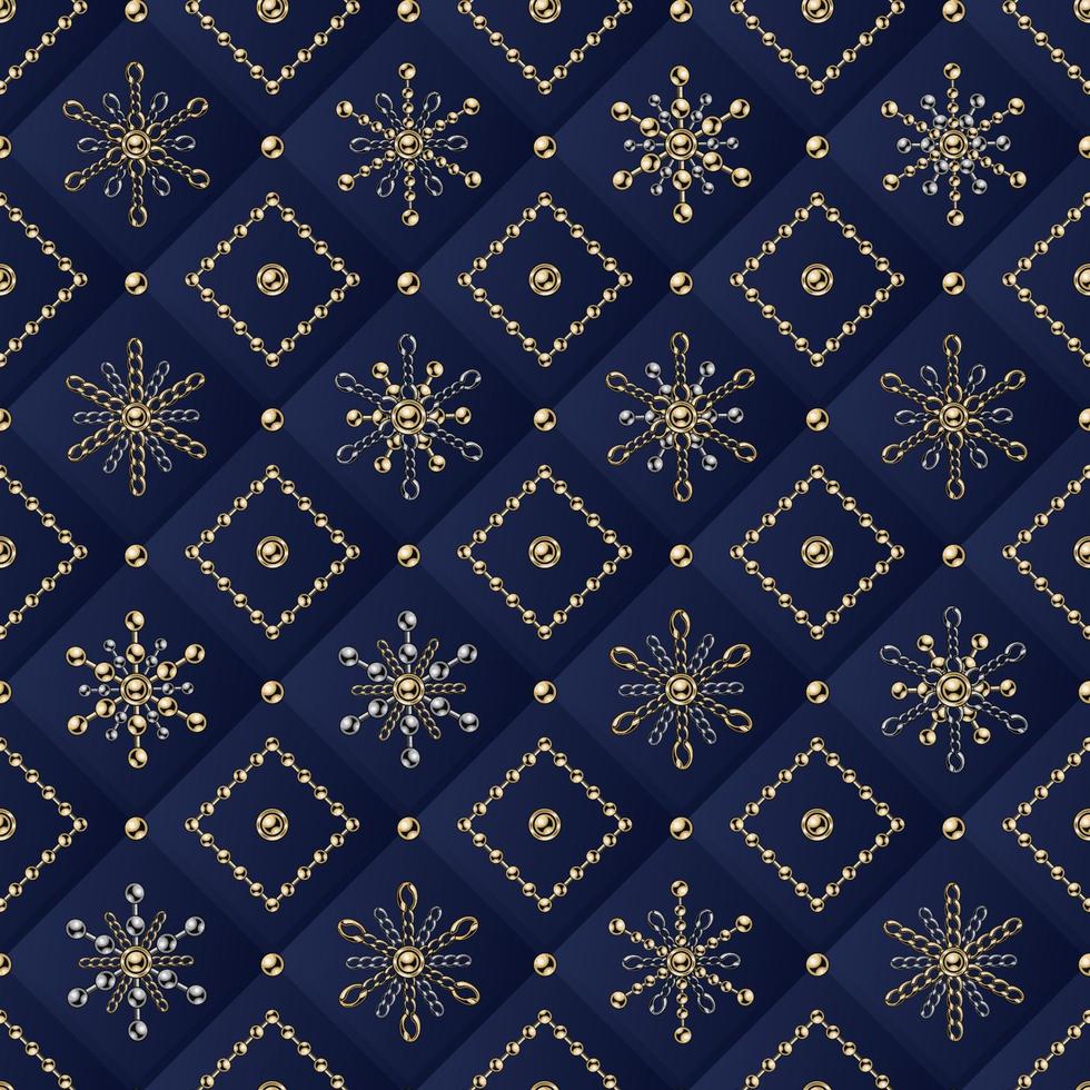 senza soluzione di continuità sfalsato geometrico modello con piccolo 6 lato fiocchi di neve, rombi fatto di gioielleria oro, argento Catene e brillante palla perline. piazza blu geometrico griglia su sfondo vettore