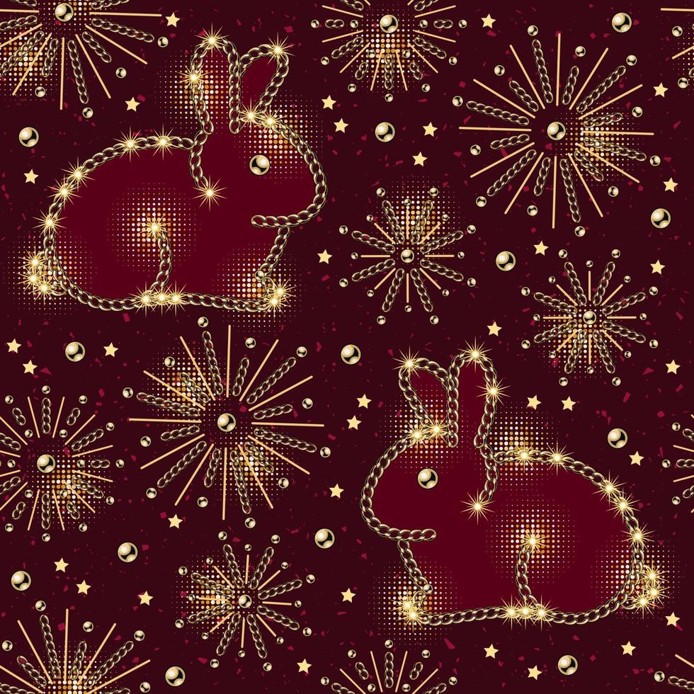 senza soluzione di continuità modello con stelle, fuochi d'artificio, carino coniglio fatto di gioielleria oro Catene. piccolo brillante stelle, scintille su in profondità rosso sfondo. vettore