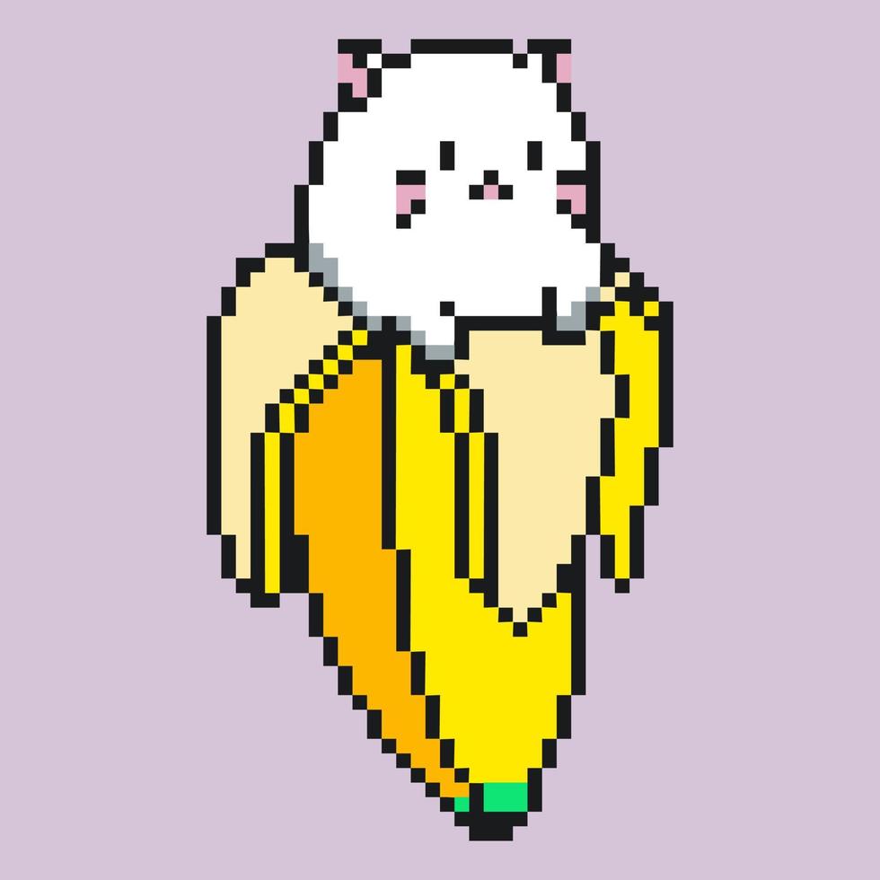 8 po carino bianca gattino su pelato Banana. pixel arte. creativo Banana con divertente gatto dentro. domestico animale icona. retrò Vintage ▾ 80 anni 90 fessura macchina video gioco grafica. per presentazione, etichetta, icona vettore