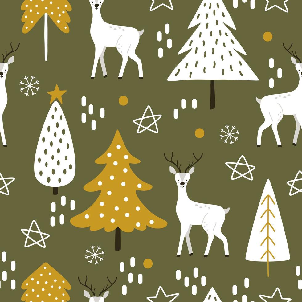 disegnato a mano bianca cervo con Natale alberi nel scandinavo stile su un' verde sfondo. senza soluzione di continuità vettore modello con selvaggio animali nel legna per tessuto o lenzuola. Stampa per nuovo anno o autunno