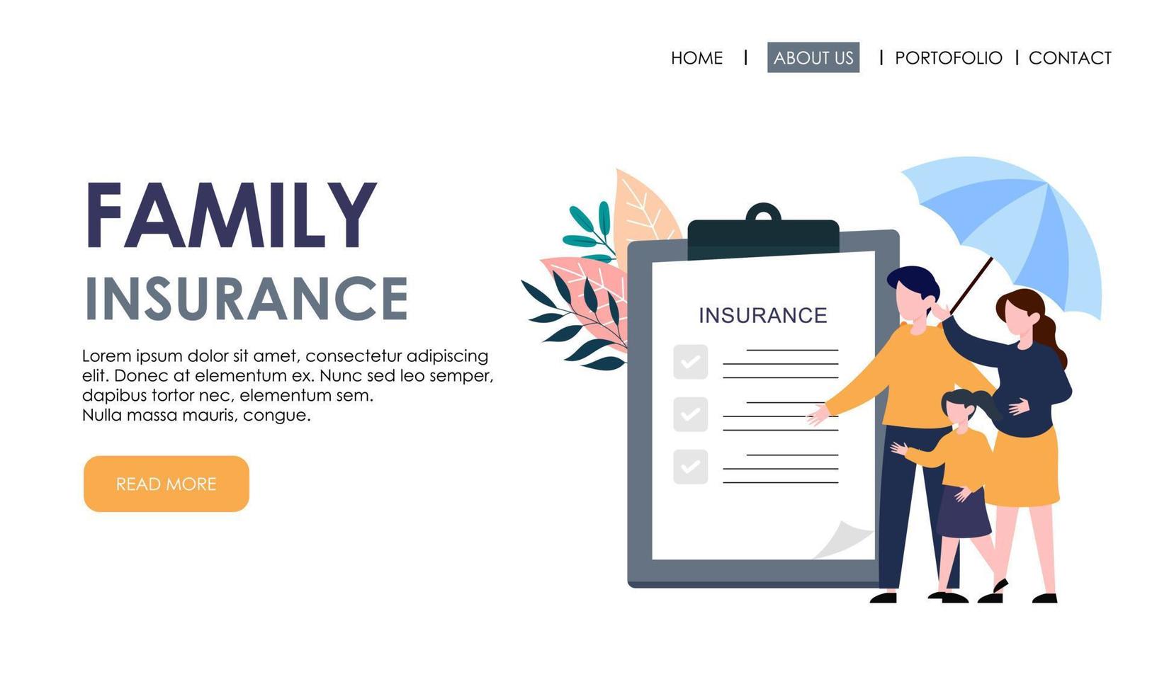 famiglia assicurazione atterraggio pagina modello. assicurazione, assistenza sanitaria concetto bandiera vettore