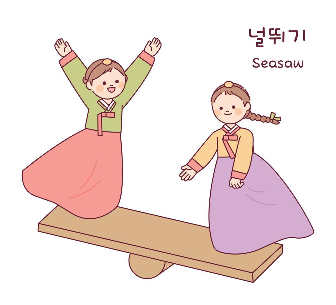 coreano tradizionale giocare a. Due ragazze indossare hanbok siamo equitazione su un' altalena. vettore