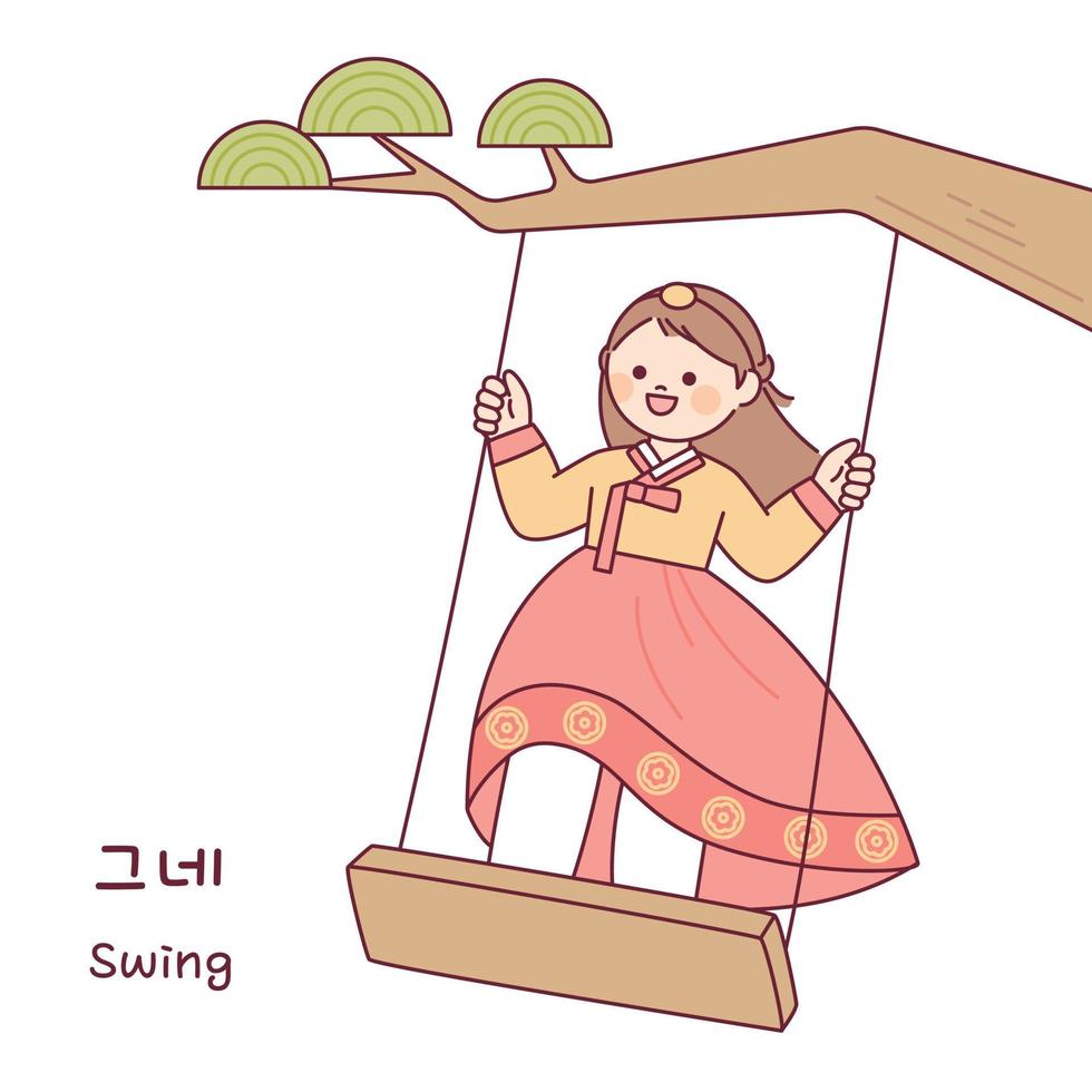 coreano tradizionale giocare a. un' ragazza indossare un' hanbok è equitazione su un' swing sospeso a partire dal un' albero. vettore