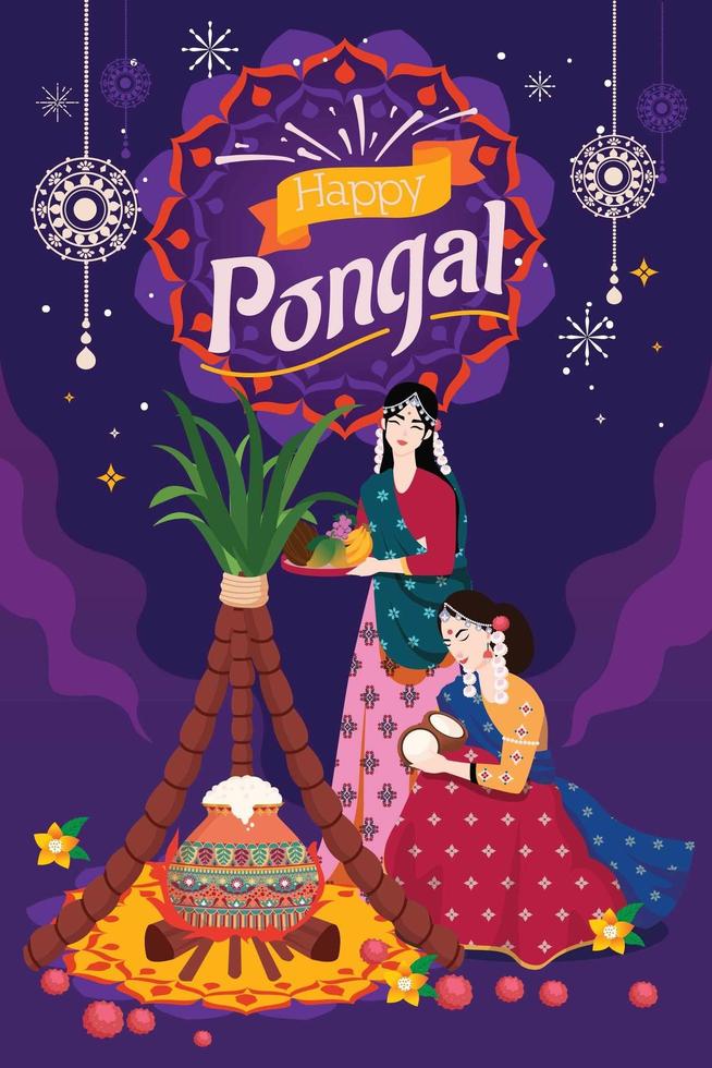 due ragazze che celebrano il festival pongal vettore