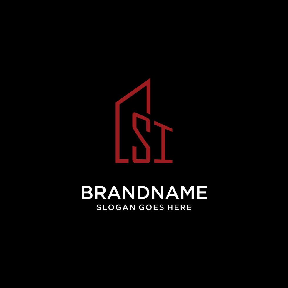 SI iniziale monogramma con edificio logo design vettore