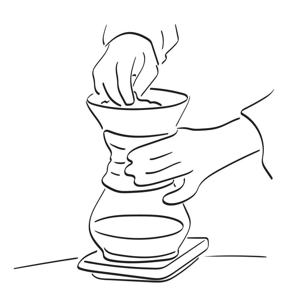 avvicinamento mano birra caldo nero caffè nel bicchiere caffè pentola in piedi illustrazione vettore mano disegnato isolato su bianca sfondo linea arte.