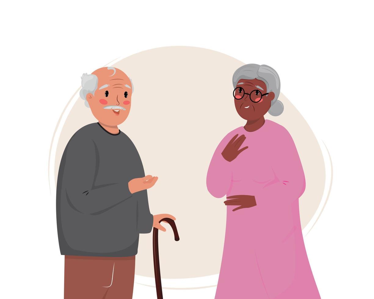 illustrazione di Due vecchio coppia parlando per ogni Altro. diverso le persone. bianca e africano donna avendo un' conversazione. la pensione, invecchiamento, diversità concetto illustrazione con Due anziano le persone. vettore