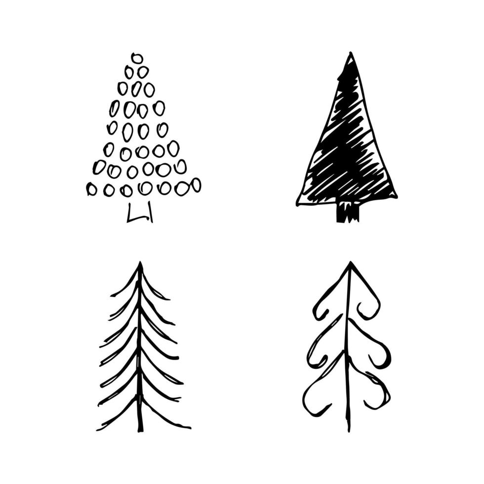 mano disegnato Natale alberi. impostato di quattro monocromatico abbozzato illustrazioni di abeti. inverno vacanza scarabocchio elementi. vettore illustrazione