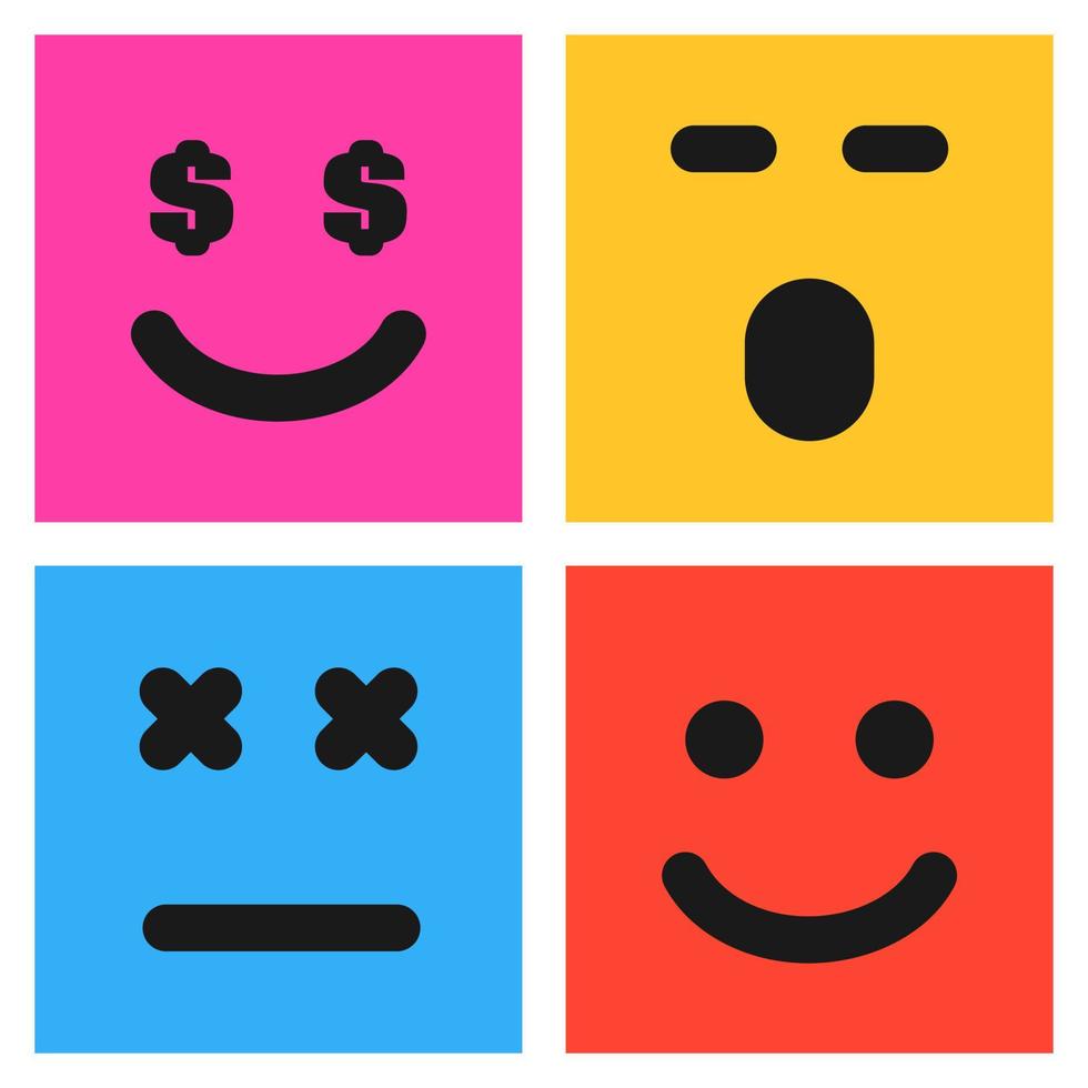 impostato di quattro colorato emoticon con sorridente, sorpreso e insoddisfatto facce. emoji icona nel quadrato. piatto sfondo modello. vettore illustrazione