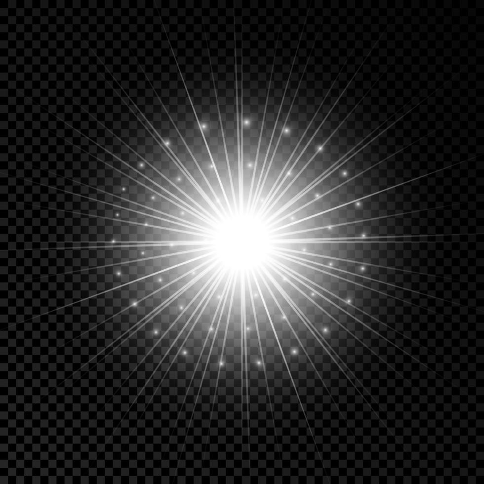 leggero effetto di lente razzi. bianca raggiante luci starburst effetti con scintille su un' trasparente sfondo. vettore illustrazione
