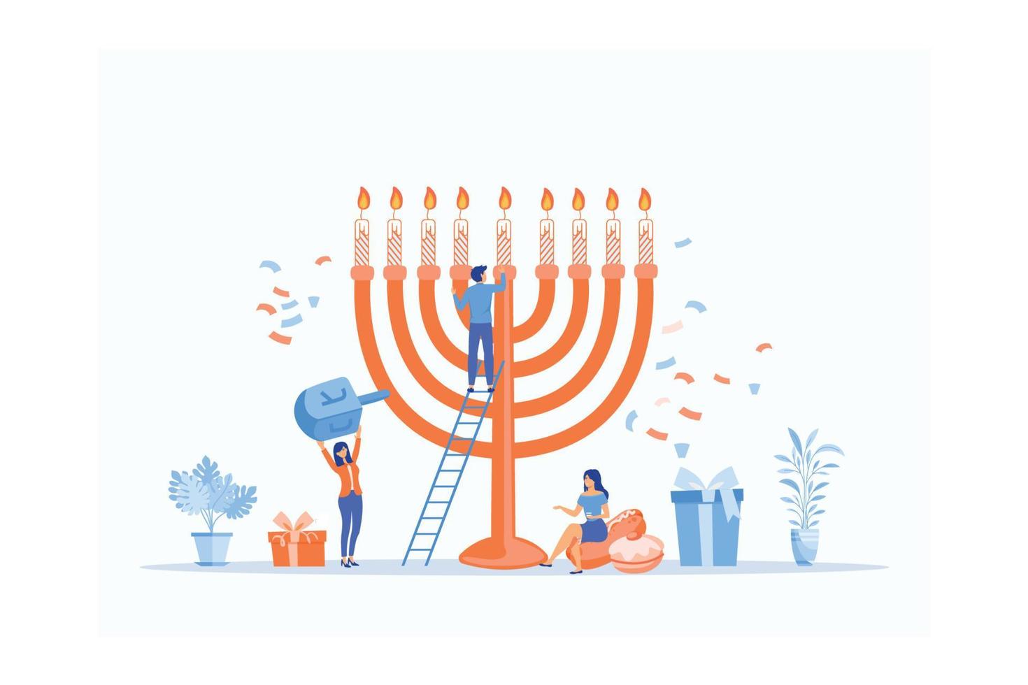 concetto di hanukkah vacanza menorah decorazione con contento minuscolo persone carattere, piatto vettore moderno illustrazione