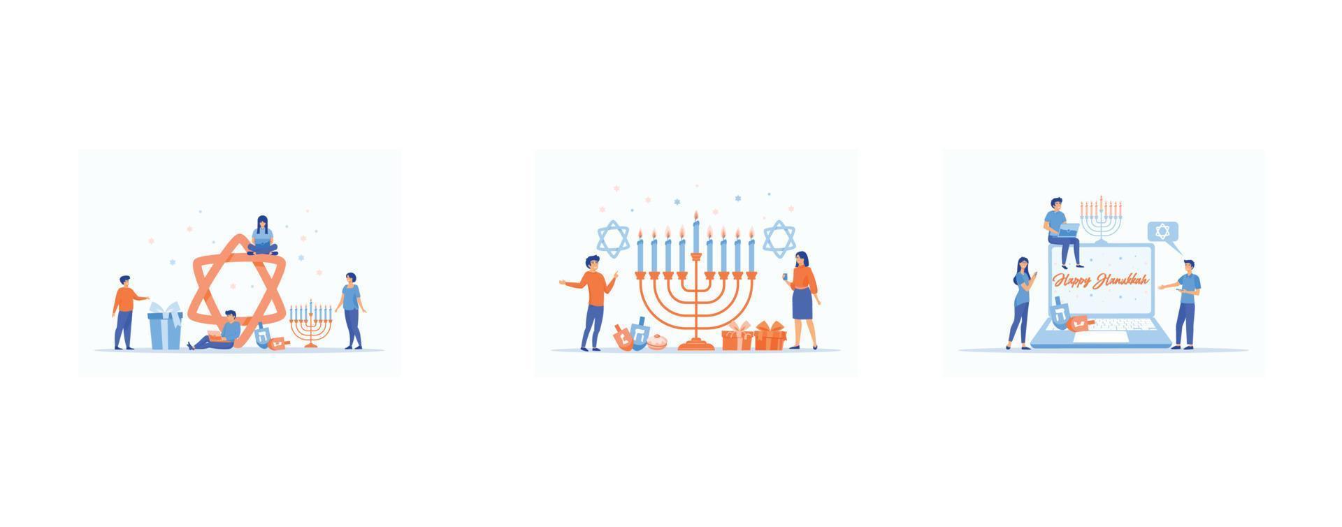 contento hanukkah. tradizionale ebraico vacanza con minuscolo persone e simboli - menorah candele, dreidels Filatura superiore, stella davide. moderno piatto cartone animato stile, impostato piatto vettore moderno illustrazione