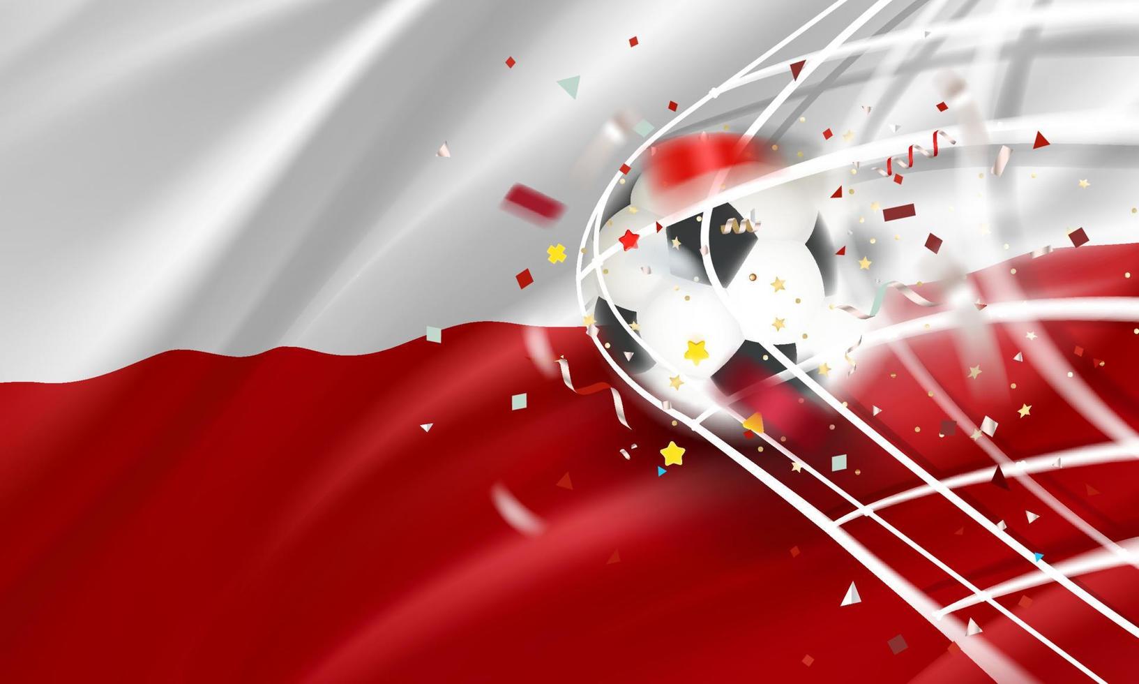 il palla nel il calcio rete. obbiettivo vettore concetto con bandiera di Polonia. 3d vettore bandiera con sfocatura effetto