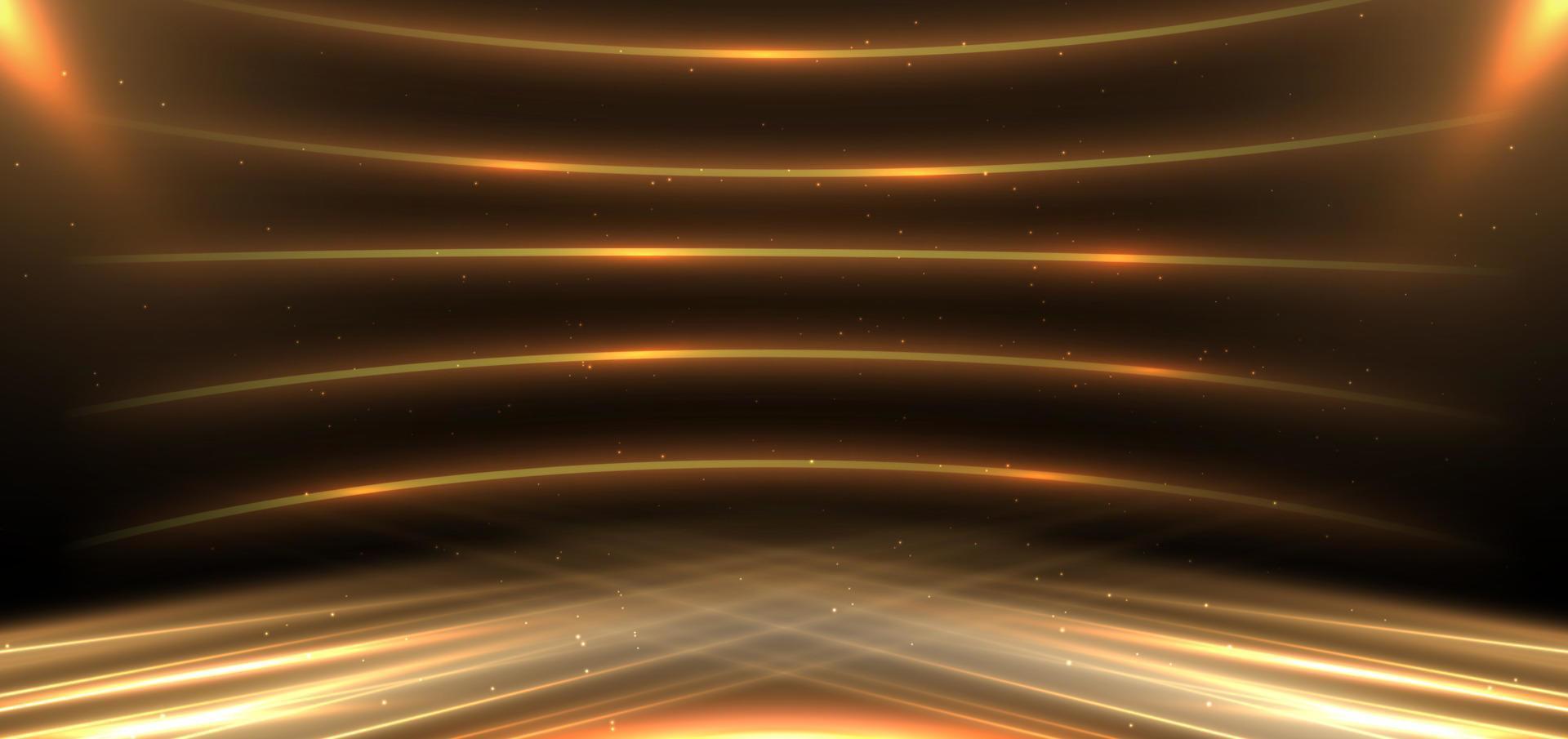 elegante d'oro scena diagonale raggiante con illuminazione effetto scintillare su nero sfondo. modello premio premio design. vettore