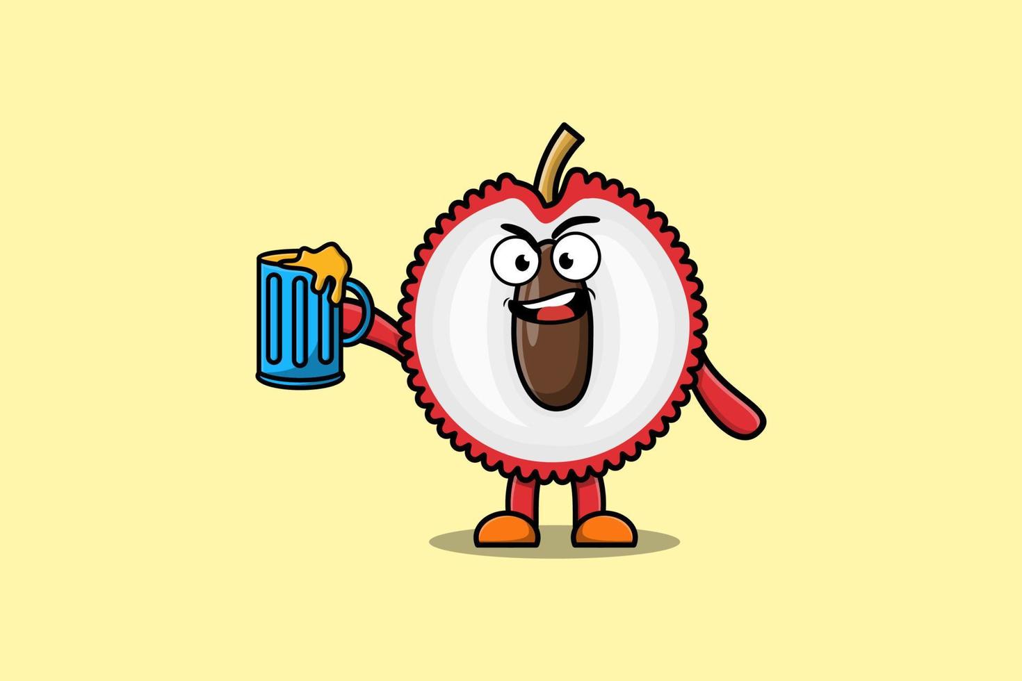 carino lychee cartone animato personaggio con birra bicchiere vettore
