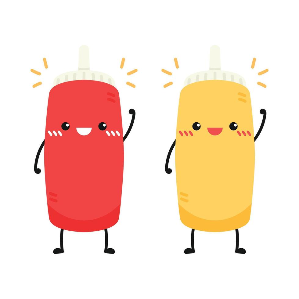 pomodoro e mostarda salsa carattere. salsa bottiglia vettore. salsa bottiglia personaggio design. vettore