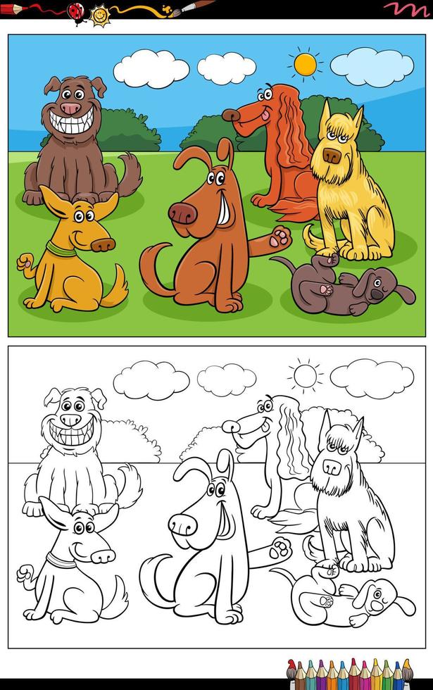 cartone animato cani animale personaggi gruppo colorazione pagina vettore
