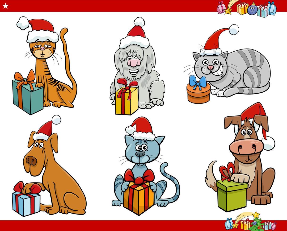 cartone animato cani e gatti con Natale regali impostato vettore