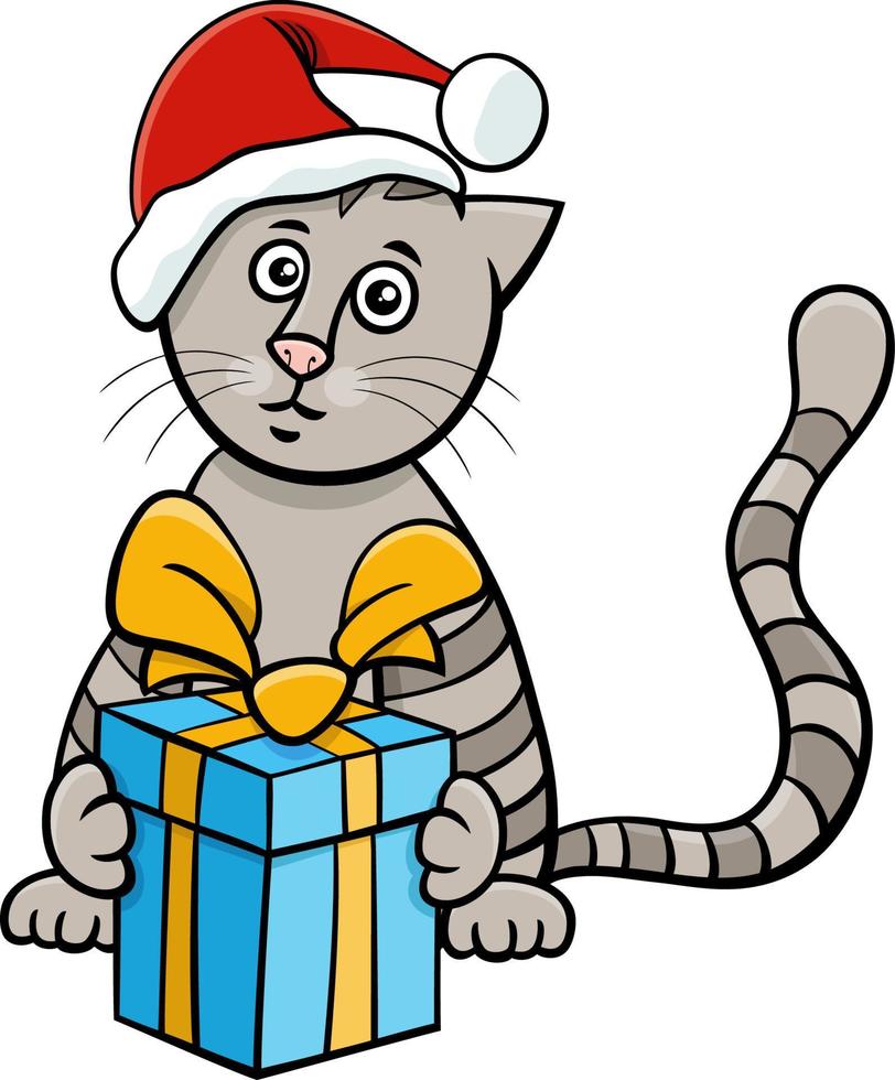 gatto o gattino cartone animato con regalo a Natale vettore